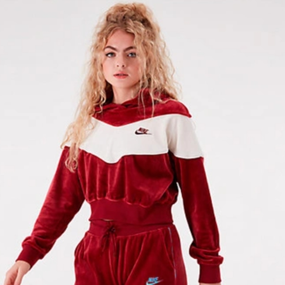 Nike Red and White Velour Pullover Hoodie